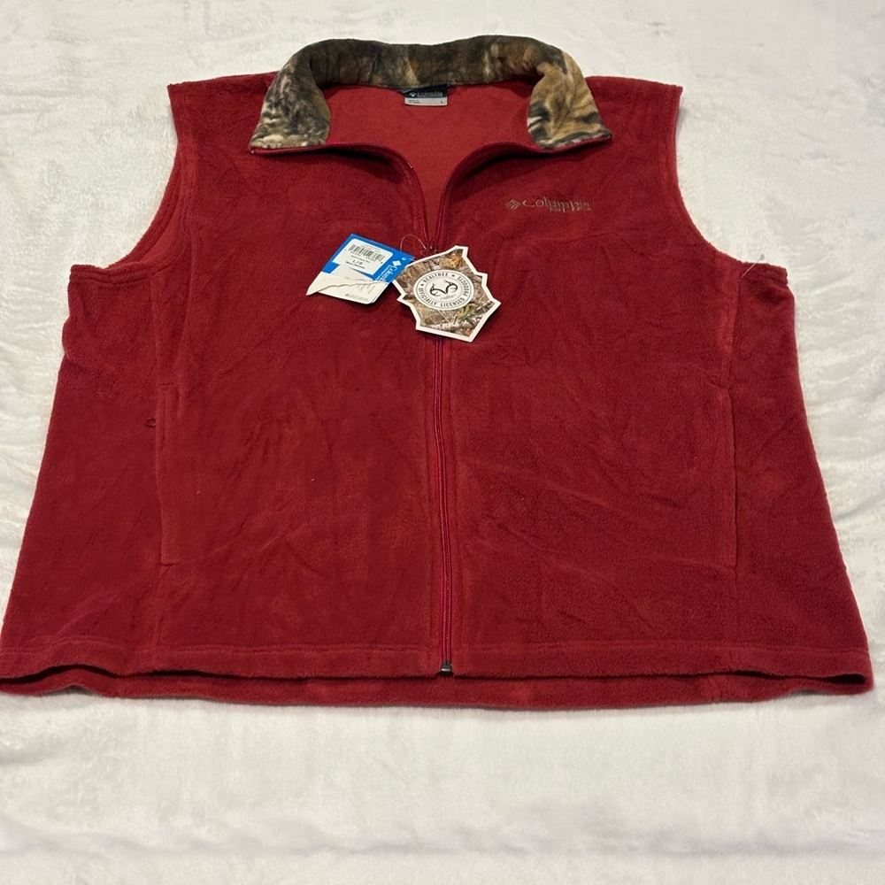 Columbia Fleece Vest Men's Large Maroon/Red Camouflage Trim Full Zip Pockets